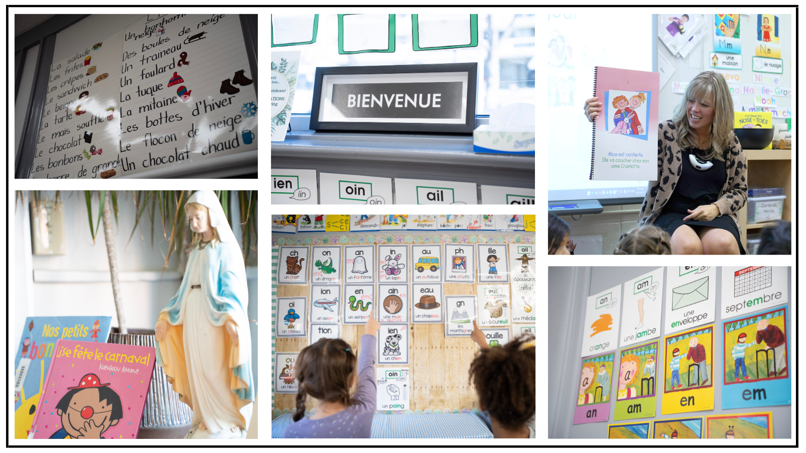 French Immersion Web banner depciting images of French language work, bulletin boards, and a teacher reading a French story.